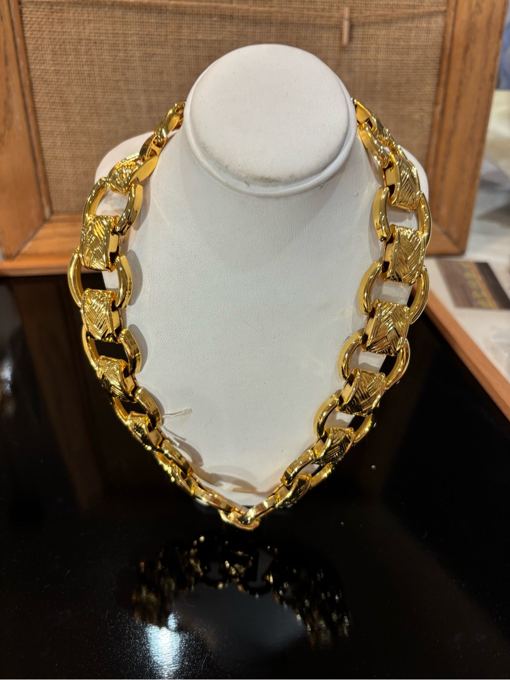 Vintage textured gold wide link necklace